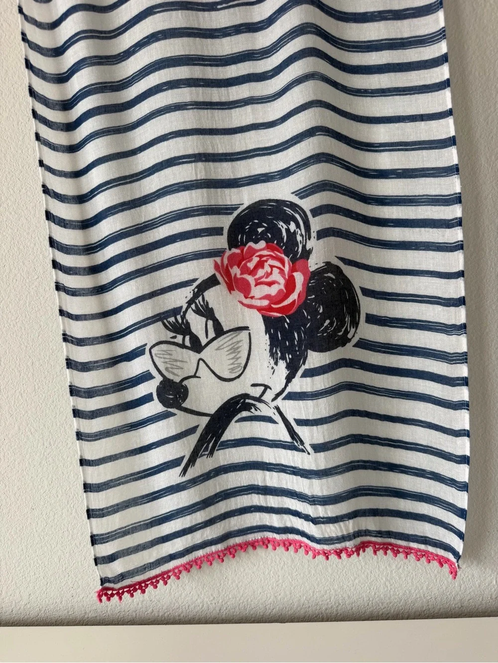 Nautical Striped Minnie Mouse Beach Scarf Sarong with Pink Pom Pom Trim Boho